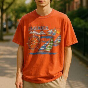 Vintage Jamaica Nautical Graphic Tee – Coral/Orange – Sailboats & Ship Wheel